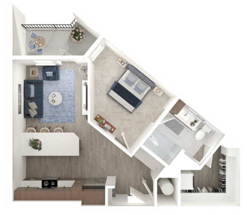 Floor plan for 1 bed, 1 bath, 643 sqft